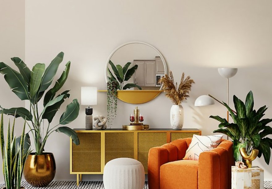 Interior decor with plants, cabinet, and orange chair